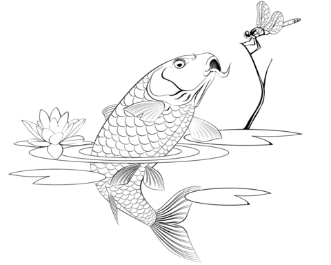 Jumping Carp Catching A Dragonfly Coloring Page